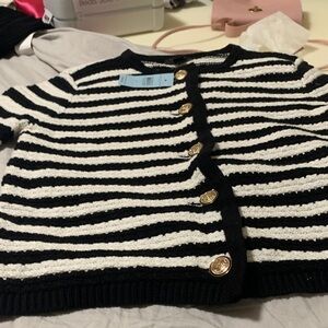 Ann Taylor Black and White Striped Cardigan